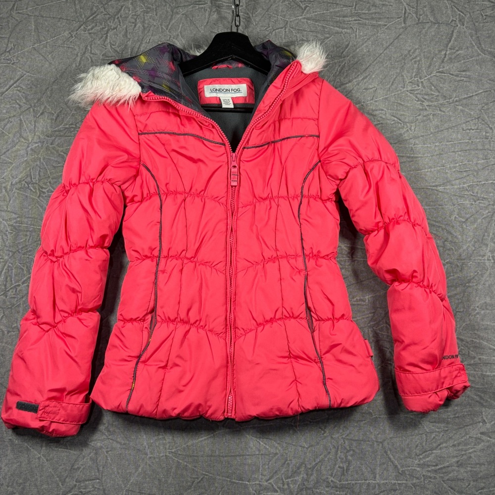 London Fog Puffer Jacket Girls L 14-16 Pink Faux Fur Hood Fleece Lined LE18A15